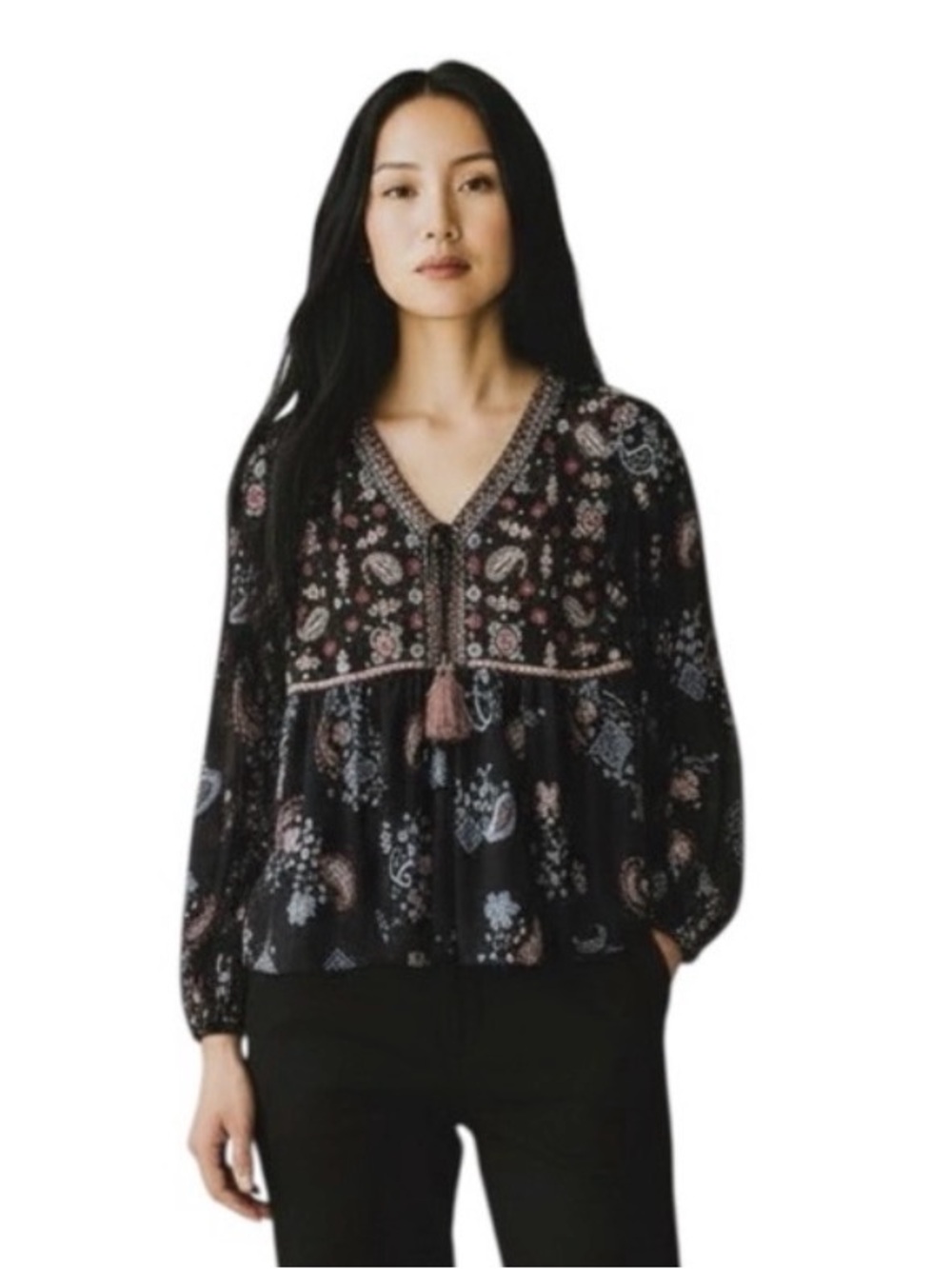 Style & Co. Navy Long Sleeve Boho Blouse with Paisley Pattern & Tassels Small